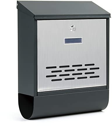 Wiltec Designer Briefkasten V37 Anthrazit und Edelstahl 305 x 105 x 385 mm, Wandbriefkasten mit Schloss, Sichtfenstern, Namensschild, Zeitungsrolle, Postkasten aus galvanisiertem Stahl