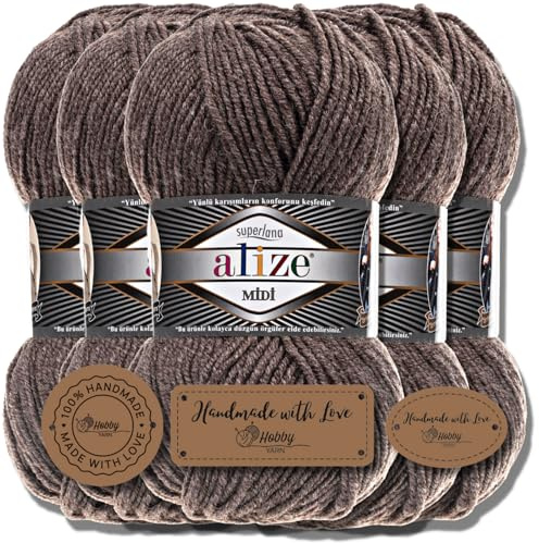 Hobby YARN 3x Etikettenlabel mit Alize Superlana Midi Wolle Premium 5x100g als Set, Yarn, Garn, Strickgarn, Einfarbig, Baby, zum Häkeln, Stricken, Kleidung, Schals (Milky Brown Melange |240)