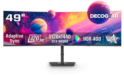 Deco Gear 49 Inch Curved Monitor, 5K2K Ultrawide WDQHD Screen 5120×1440, R1500, HDR400, 120Hz, 32:9 VA Panel, USB-C 65W PD, Adaptive Sync, PBP/PIP, KVM Switch, Built-in Speakers & Ergonomic Stand