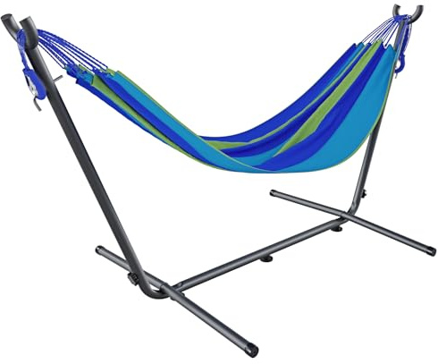 BRICOZONE Amaca con Supporto Brasiliana Tessuto Cotone 250 cm Portata 200 kg Autoportante Struttura di sostegno in Acciaio Borsa Custodia Trasporto Inclusa Spiaggia Campeggio Terrazzo Balcone (Blu)