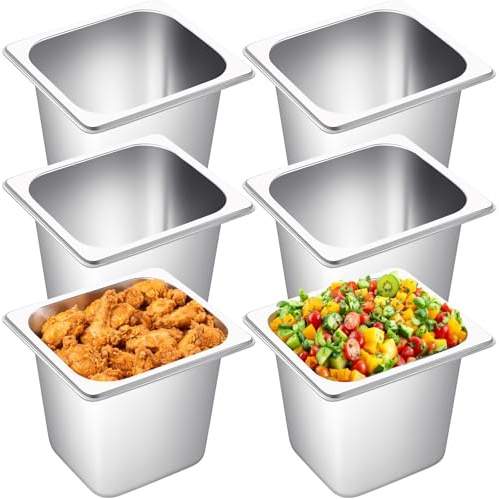 Jinei Steam Table Pan 1/6 Hotel Pan Stainless 201 Steel Size 6'' Deep Storage Catering Metal Commercial Food Pans for Kitchen Restaurant Buffet Party Supplies(6 Pcs)
