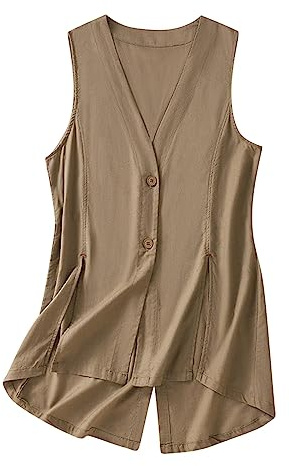HGps8w Women's Cotton Linen Vest Casual V Neck Button Down Sleeveless Back Slit Blazer Waistcoat Long Jackets with Pockets