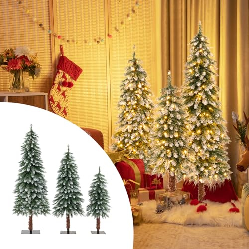 COSTWAY Konstgjord julgran, 3 delar, 90 + 120 + 150 cm, julgran med snö och varmvita LED-lampor, smal gran med metallstativ, snöigt konstträd, PVC-barr, grön
