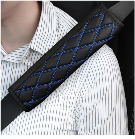 Bittwee Car Seat Belt Pads, 2PCS Leather Seatbelt Covers Protect Your Neck and Shoulder & More Comfortable Driving, Harness Pad for All Cars and Backpack Strap, Car Interior Accessories (Black/Blue)