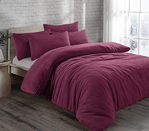 Brit House Teddy Bear Fur Sherpa Fleece Duvet Cover Set Pillowcases Bed Linen Super Soft Cosy Warm Winter Quilt Cover Bedding Set (Plum, Super King)