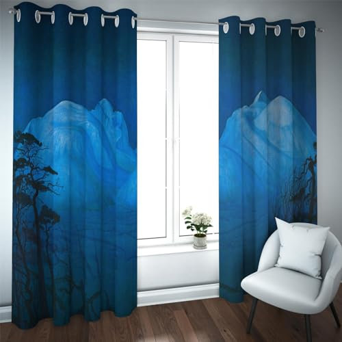 PARREN Blaue Thermovorhänge Öse Verdunkelung Harald Sohlberg Stil Winternacht in den Bergen Drucke Vorhänge für Schlafzimmer Schlafsaal Büro 140x270cm