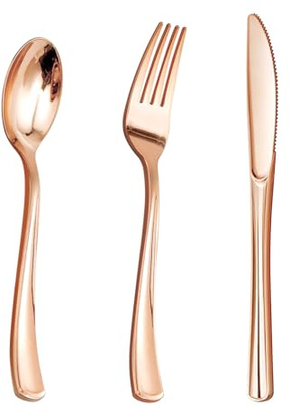 Goodluck 150PCS Rose Gold Plastic Silverware, Rose Gold Utensil Disposable, Plastic Cutlery Set of 50 Forks, 50 Spoons, 50 Knives for Wedding, Party, Valentines
