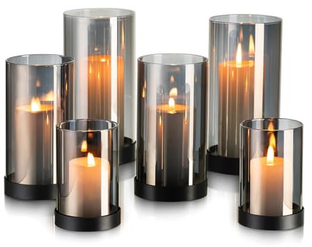 Windlicht Schwarz Glas Windlichter Tischdeko: Hewory 6er Set Kerzengläser Windlicht Outdoor Glaszylinder für Kerzen Kerzenglas Groß Deko Wohnzimmer Modern Teelichtgläser(Rauchglas)