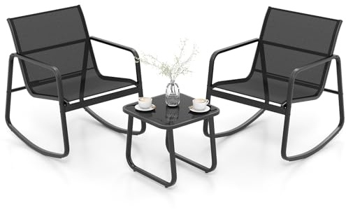 COSTWAY Salon de Jardin 3 Pièces avec Chaises à Bascule Table en Verre, Ensemble de Meuble Extérieur 2 Fauteuils Cadre Métallique Charge 150KG, pour Porche Bord de Piscine Balcon (Noir)