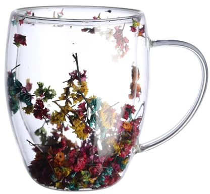 BestAlice Dubbelvägg Glas Kaffemugg, Isolerad Glas Kopp Estetiska Torkade Blommor Klar Lattemugg med Handtag, Blomma Kaffemugg Kopp för Kaffe Te Mjölk, Glas Dryckemugg Födelsedagspresenter(350 ml)