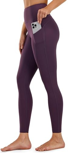 PERSIT Gym Leggings for Women UK High Waisted Buttery Soft Womens Yoga Pants Workout Sports Running Activewear Leggings with Pockets - 25 Inches Plum Purple S