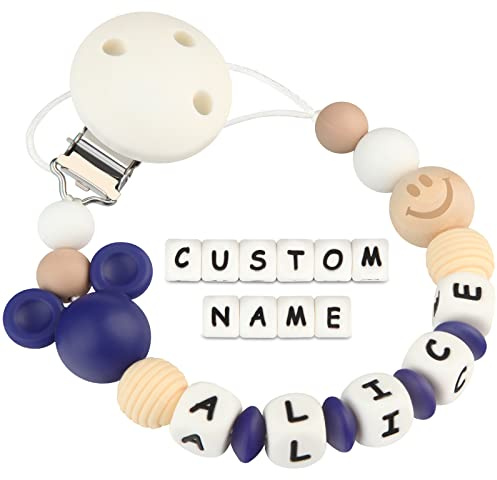 Kowlone Attache Sucette Nom Personnalisé Prenom Silicones Souris Attache Tétine en Clips Chaîne pour Bébé Filles Garçons(Bleu Marine)