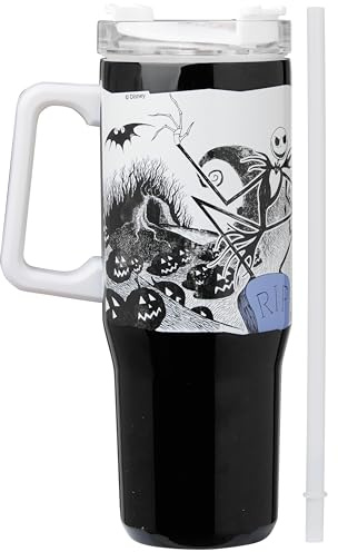 Get Trend Disney Insulated Tumbler with Straw 940ml/32oz, Nightmare Before Christmas Stainless Steel Travel Mug for Hot Cold Drinks, Metal Water Bottle (Black/White Jack)