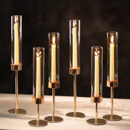 NUPTIO Verre Bougeoir Cylindrique À Bougies - Lot de 6 Clair Centres de Table de Mariage Décoration de Table de Salle À Manger pour Cheminée