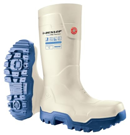 Dunlop FieldPRO Thermo+ Wellington Boot med full säkerhet – unisex, lätta och kallisolerade, kraftiga arbetsstövlar med komposittå, Purofort, vit/blå – EU 45, UK 10,5, Vit blå, 10.5 UK