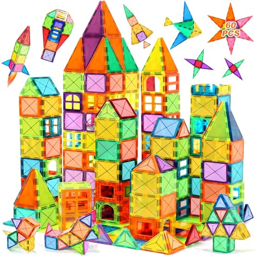 YGVQN 60 Piezas Bloques Magnéticos de Construcción, Juguetes Educativos Stem Montessori para Niños 3 4 5 6 Años, Juego Sensorial Creativo para Niñas y Niños, Aprendizaje Preescolar y Guardería