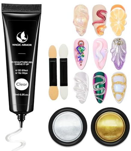 MAGIC ARMOR Gel para uñas 3D 15g y polvo cromado para uñas, Pegamento para uñas en gel para modelar, transparente, multifuncional, para estrás, para esculpir uñas en 3D y diseñar tus propias uñas