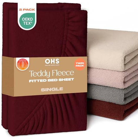 Brentfords 2 Pack Single Bed Sheets, Soft Warm Thermal Teddy Fleece Fitted Sheet Deep Pocket 25cm Fade Resistant Cuddly Cosy Fluffy Teddy Bear Bedding Single 2 Pack, Burgundy