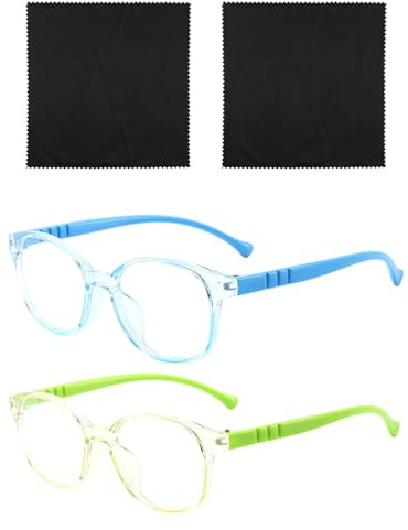 FFDHWU 2 Pieces Of Children'S Anti-Blue Glasses, 2 Sheets Of Black Glasses Cleaning Cloth, Computer Screen Goggles, Color Oval Frame, Reduce Fatigue.
