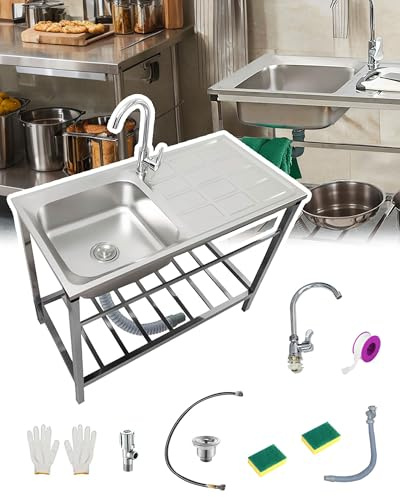 Table d'évier commerciale en acier inoxydable avec 1 cuve, établi mobile et rangement autonome, évier extérieur avec robinet et brosse éponge pour le lavage (100 cm)