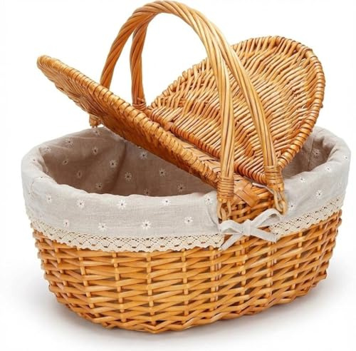 Vide picknickkorg med lock, shoppingkorg flätad med handtag och foder, svampkorg, pilkorg för grönsaker plockning, camping, picknick (vit blomma)