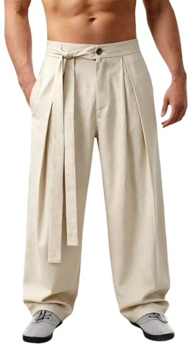 Pantalón Hombre de Lino y Algodón con Cintura EláStica y Cordón Pantalones Ligeros Ajuste Holgado Pantalón Hakama de Kung Fu de Seda de Hielo con Dobladillo Ancho Kimono Wushu Pantalones Anchos