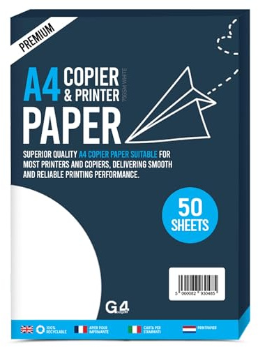 G4GADGET A4 Printer Paper 75GSM White – 50 Sheets Multipurpose Printing Paper for Inkjet & Laser Printers, Copier & Office Use, Smooth Plain A4 Paper 210 x 297mm