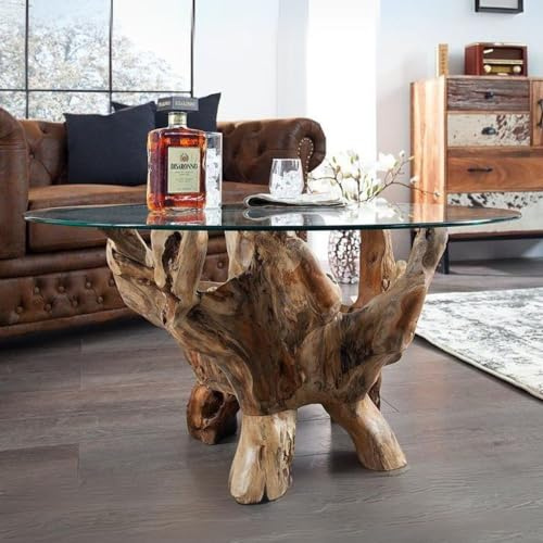 LEBENSwohnART Teak Couchtisch ZONAS 100cm Natural Massivholz Wohnzimmertisch Wurzelholz