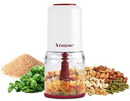 Beper Tritatutto Elettrico Doppia Lama per Macinatura e Tritatura Uniforme, Lama in Acciaio, 400 W, Contenitore 0.5 L Bianco/Tortora