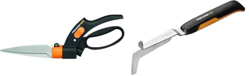 Fiskars Rasenkantenschere, Mit Servo-System, Handlich, Länge: 32 cm, Schwarz/Orange, GS42, 1000589 & Kleiner Fugenkratzer zum Entfernen von Unkraut und Moos, Länge: 33,8 cm, Schwarz/Orange