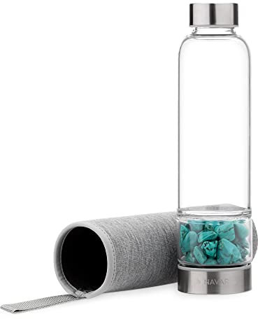 Navaris Wasserflasche mit Mineralstein und Neoprenhülle 420ml - Edelsteine Trinkflasche mit Hülle - Kristall Flasche Glasflasche Wasser - Türkis