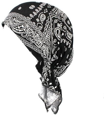 Damen-Chemo-Beanie-Schal, weiche Turban-Kappe, florales Kopfbandage, Baumwollstoff, Kopfbedeckung, Black Paisley, One size