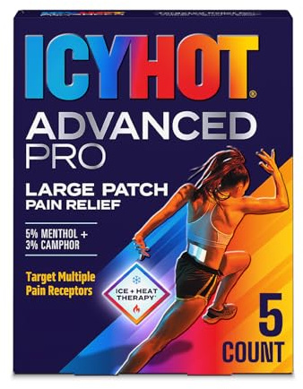 Icy Hot Advanced PRO Pain Relief Patches, Extra Strength with Menthol 5% and Camphor 3%, Fabric Patch for Backaches, Neck, Shoulder, Knee, Elbow, Ankle and Leg, Muscle Strains and Arthritis, 5 ct.