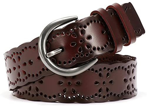 XZQTIVE Damen Gürtel für Jeans Frauen hohle Blume Ledergürtel für Hosen breiter Gürtel mit soliden Pin Schnalle 1,5'' Breite,Kaffee, 125cm(Passt Taillengröße 90-111cm)