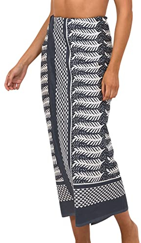 Pachamama kvinnor 100 % bomull sarong handtryckt ormbunke mönster cool sommar strand täcker upp pareo omlottkjol 180 x 110 cm, Träkol, one size
