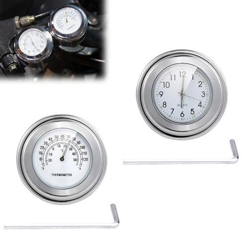 Tulov 2 Stück Uhr und Thermometer für Motorradlenker, 22 mm-25,4 mm(7/8 Zoll- 1 Zoll) Lenker, Wasserdichter Uhr für Motorradlenker, Motorrad-LenkerhalterungUhr für die meisten Motorräder