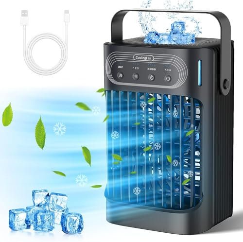 Portable Air Conditioner Fan, Upgraded Evaporative Mini Air Conditioner Portable with 3 Cool Mist & Speeds, 7 Night Light & 2-8H Timer, Personal Air Cooler for Your Desk, Nightstand, or Coffee Table