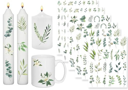 Sugeru 6 Tatuaggi per Candele (200+ Motivi), Stampa con Trasferimento ad Acqua, Pellicola Scorrevole, Adesivi per Decorazione, Comunione, Eucalipto