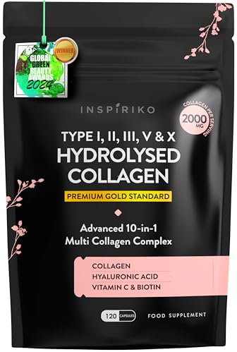 Inspiriko Multi Collagen Supplements for Women - 2000mg Type I, II, III, V & X Hydrolyzed Collagen Peptides - Multi Collagen Capsules with Hyaluronic Acid, Vitamin C, Biotin & Copper. 30 Servings
