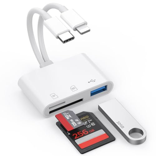 Lettore di Schede SD per iPhone, USB C Lightning Adattatore Scheda SD per SD/Micro SD, SD Card Reader for iPhone, Lettore Schede Memoria per iPhone 16 15 14 13 /iPad/Mac/Android