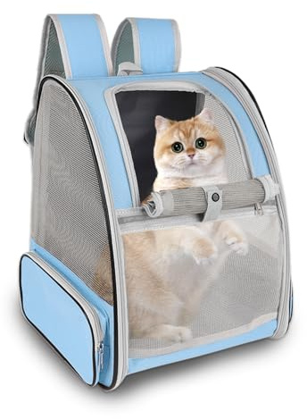 Cat Backpack Carrier,Pet Carrier Airline Approved for Small Dog Cat Puppy Kitten Bunny,Ventilated Mesh Design Animal Backpack for Hiking Camping Travel Bag (Blue)