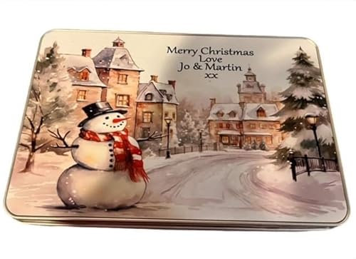 Personalised Rectangle Christmas Scene Tin for Sweet Treats, Biscuits, Jewellery, or Keepsakes - Any Name Added - Supplied Empty - Size 20 x 13 x 5cm