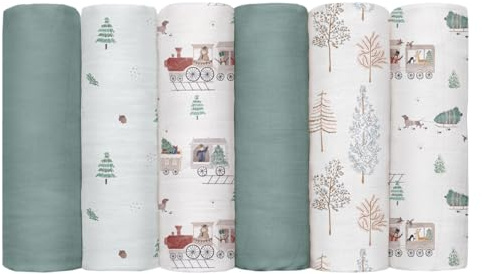 GLLQUEN Musselintücher für Babys, 6 Stück Spucktücher aus Baumwolle 70 cm x 70 cm, saugfähig und atmungsaktiv und ideal zum Reinigen, Abwischen und Abdecken von Neugeborenen （Christmas Forest ）