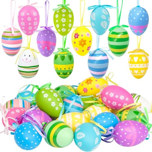 AIBAOBAO Huevos de Pascua para Colgar 24 Piezas Set, Huevos de Plástico con Cuerda 6x4 cm, Decoración Pascua Multicolor para Árbol, Casa y Niños, Ideal DIY