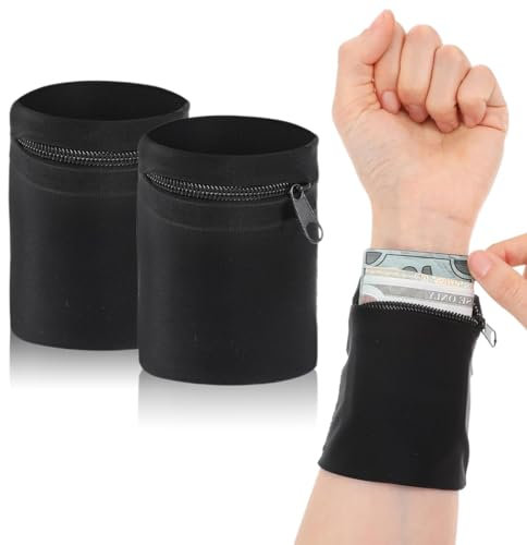 Confezione da 2 Braccialetti Sportivi, Braccialetti Sportivi con Tasca con Cerniera, Braccialetti Sportivi per il Sudore, Portafoglio per Corsa, Fitness, Calcio, Basket e Tennis