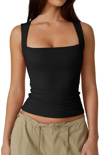 Vest Tank Tops for Women UK Summer Ladies Sleeveless Crop Top Sexy Square Neck Baisc Tight T-Shirt