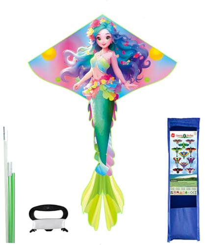Cerf-Volant Sirène-Forme pour Enfants et Adultes, 90x59Inch Cerf Volant Monofil Kit avec Une Queue de Plage avec Une Activités de Plein air de Jouets pour Débutants Cadeau d'anniversaire