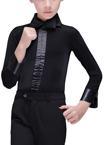 Sinleey Giovani Body Da Ballo Latino Camicia Da Ballo A Maniche Lunghe Revers Body Con Farfallino Bambini Salsa Tango Sala Abbigliamento Danza Moderna Nero 5-6 anni
