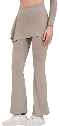 Harssidanzar Women's Yoga Leggings with Detachable Skirts for Tennis Golf Gym High Waist Skirted Bell Bottoms CL402US, Khaki, Size Medium