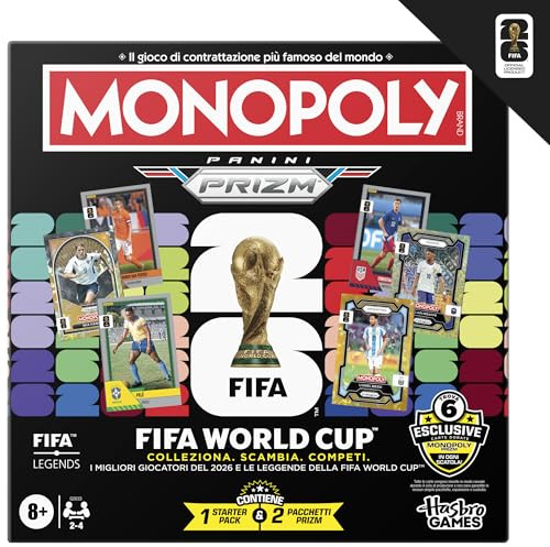 Monopoly Panini Prizm: FIFA World Cup I Gioco da tavolo a tema calcio con carte collezionabili Monopoly Panini Prizm FIFA World Cup 2026 I Dagli 8 anni in su - Versione italiana
